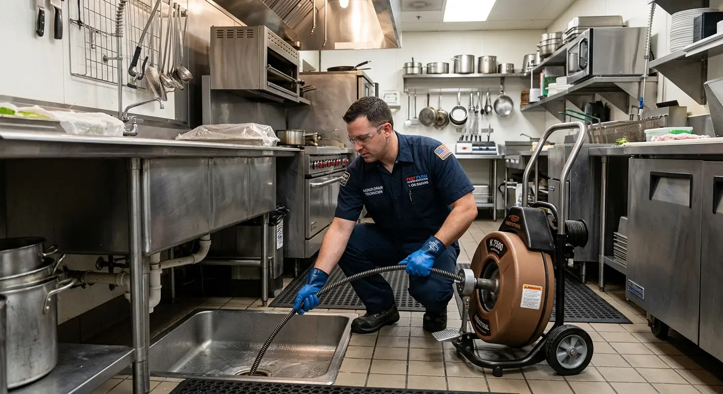 Commercial drain cleaning service in a restaurant kitchen in Orem