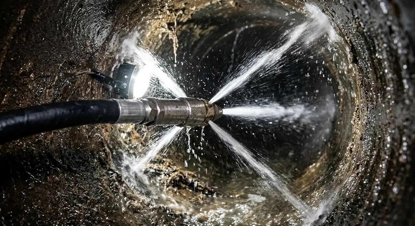High-pressure hydro jetting nozzle cleaning sewer pipe for Emergency Drain Service in Orem
