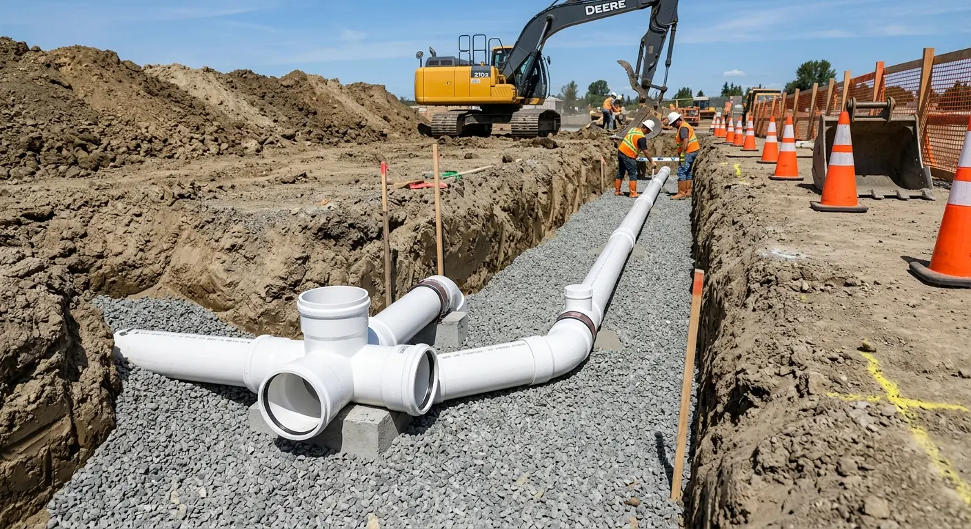 New PVC sewer pipe installation in open trench for Commercial Drain Cleaning in Orem