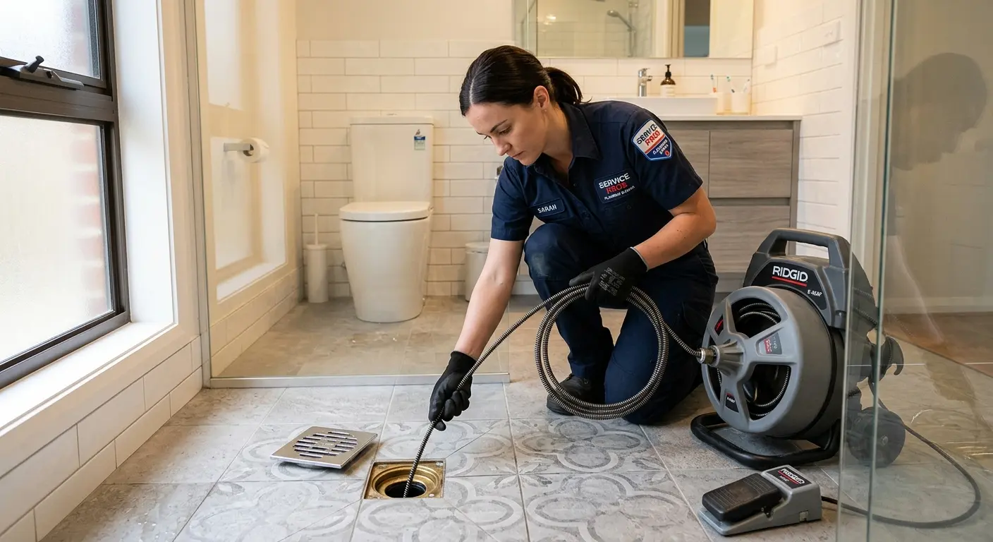 Technician clearing a bathroom floor drain for Clogged Drain Repair in Orem